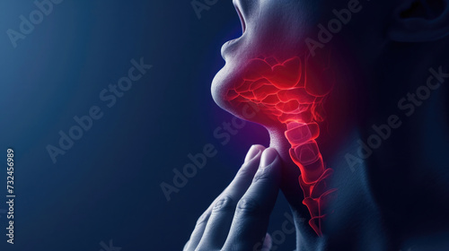 close-up sore throat, sore red neck, open mouth, flu, blue background, empty space for text photo