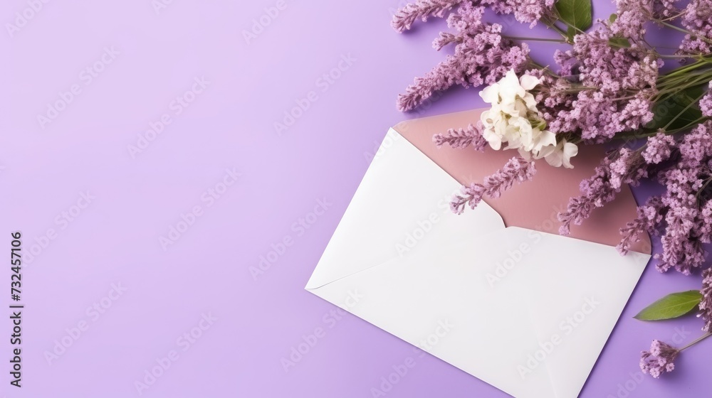 The concept of Valentine's Day.An envelope with a letter in the shape of a heart and spring flowers. The idea of a holiday card for lovers.
