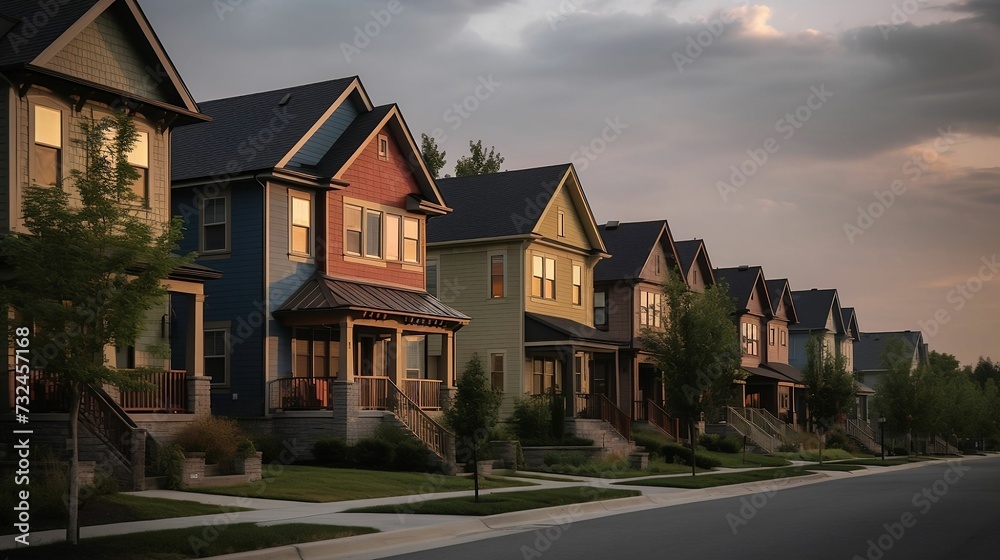 AI-generated illustration of colorful suburban houses side by side.