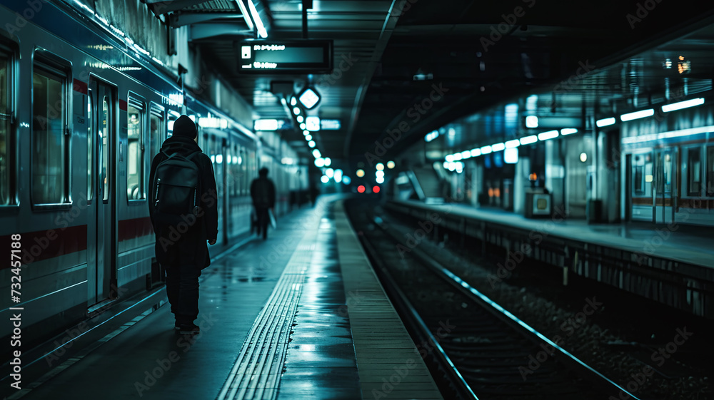 Fototapeta premium TrainStation Men behind sunset
