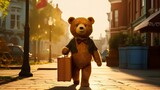 a teddy bear walks down a cobblestone road with luggage