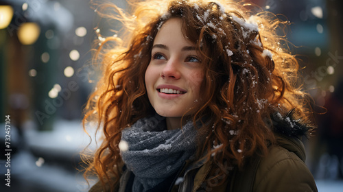 Outdoor close up portrait of young beautiful girl with long hair wearing hat, sweater posing in street of european city. Christmas, winter holidays concept. Snowfall. Copy, empty space for text © Grafics