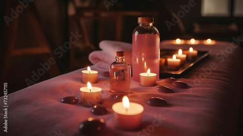 AI generated illustration of A table with multiple lit candles and rocks for massage therapy