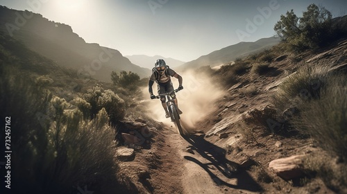 AI generated illustration of A male riding a mountain bike on a dirt trail photo