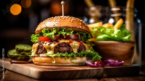 AI generated illustration of an appetizing burger served on a cutting board photo