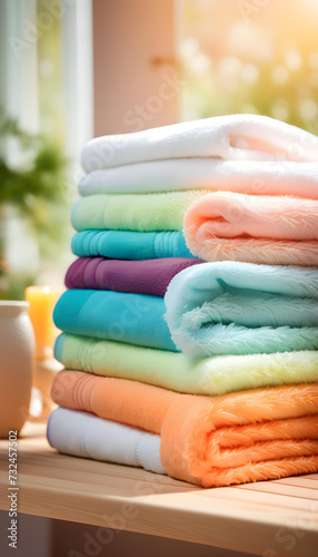 Stack of Towels  Table  Linens  Cloth  Clean  Hygiene  Folded  Neat  Pile  Household  Bathroom  Fabric  Soft  Hotel  Resort  AI Generated