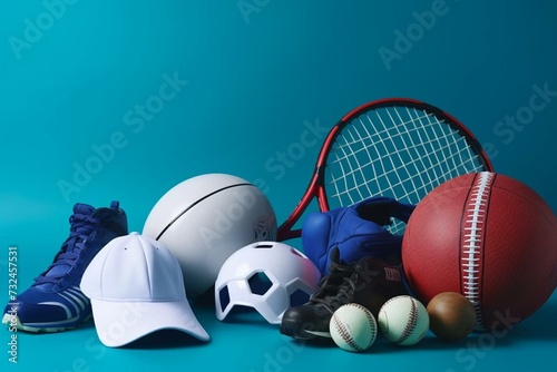 Assorted sports gear on blue backdrop. Generative AI