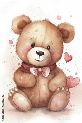 AI-generated illustration of a drawing of a cute teddy bear with hearts. © Wirestock