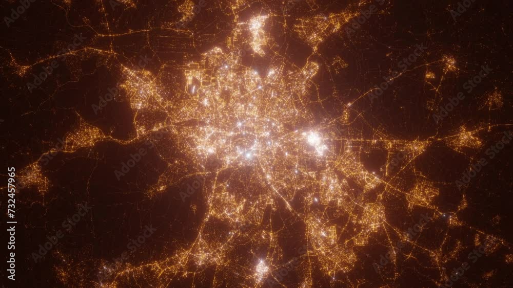 Madrid (Spain) aerial view at night. Top view on modern city with street lights. Camera is zooming out, rotating clockwise. Vertical video. The north is on the left side