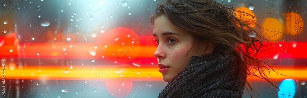 A girl on the street with blurry light from headlights, city shop windows and lanterns. Concept: bustling city life, life in a metropolis for women. Banner, copy space A girl on the street with blurry light from headlights, city shop windows and lanterns. Concept: bustling city life, life in a metropolis for women. Banner, copy space