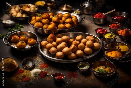 In a traditional Indian kitchen, a skilled chef meticulously assembles a platter of gol gappe, carefully spooning the spicy potato mixture and tangy chutneys into each crispy shell. 