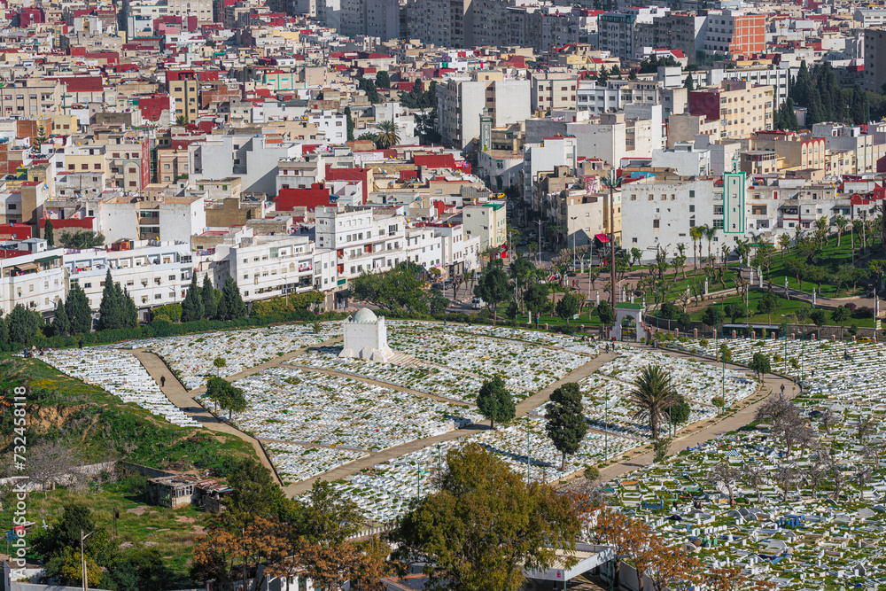 Elevated view of the city featuring the cemetery, Tetouan, Morocco, North Africa