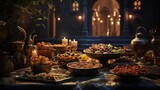 Experience the digital allure of a Ramadan feast, with a focus on the sumptuous display of traditional Arabic dishes, adorned with the timeless combination of dates and almonds.