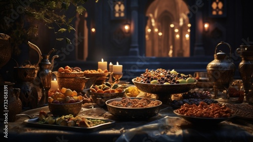 Experience the digital allure of a Ramadan feast, with a focus on the sumptuous display of traditional Arabic dishes, adorned with the timeless combination of dates and almonds. © Aqib