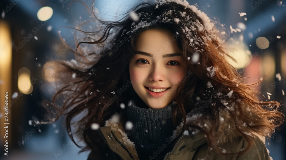 Outdoor close up portrait of young beautiful girl with long hair wearing hat, sweater posing in street of european city. Christmas, winter holidays concept. Snowfall. Copy, empty space for text