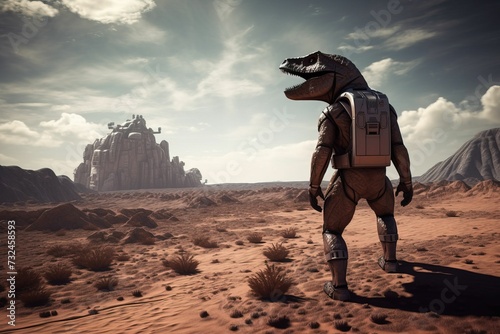 Fototapeta Naklejka Na Ścianę i Meble -  AI generated illustration of a dinosaur in a space suit stands on some red rocks