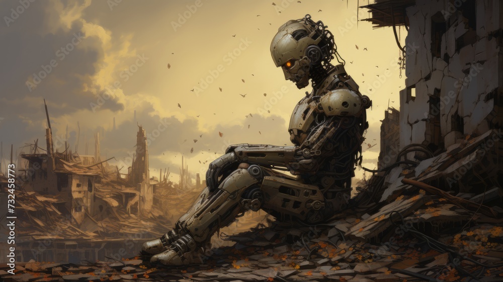 Solitude in ruins: a rustic robot contemplates amidst apocalyptic decay - futuristic sci-fi concept in abandoned setting, conceptual art photography Solitude in ruins: a rustic robot contemplates amidst apocalyptic decay - futuristic sci-fi concept in abandoned setting, conceptual art photography