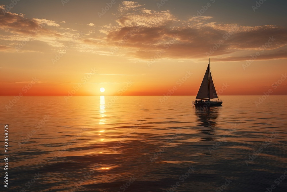 AI generated illustration of a pristine sailboat sailing on a tranquil sea at sunset