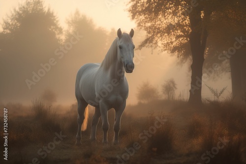 AI generated illustration of a majestic white stallion standing in a misty field at sunset © Wirestock