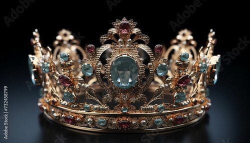 AI generated illustration of a stunning gold crown adorned with vibrant colored crystals