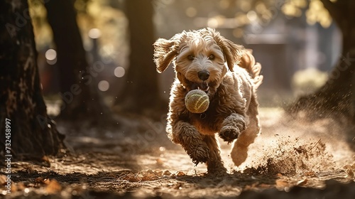 AI generated illustration of A happy brown dog runs joyfully chasing a ball