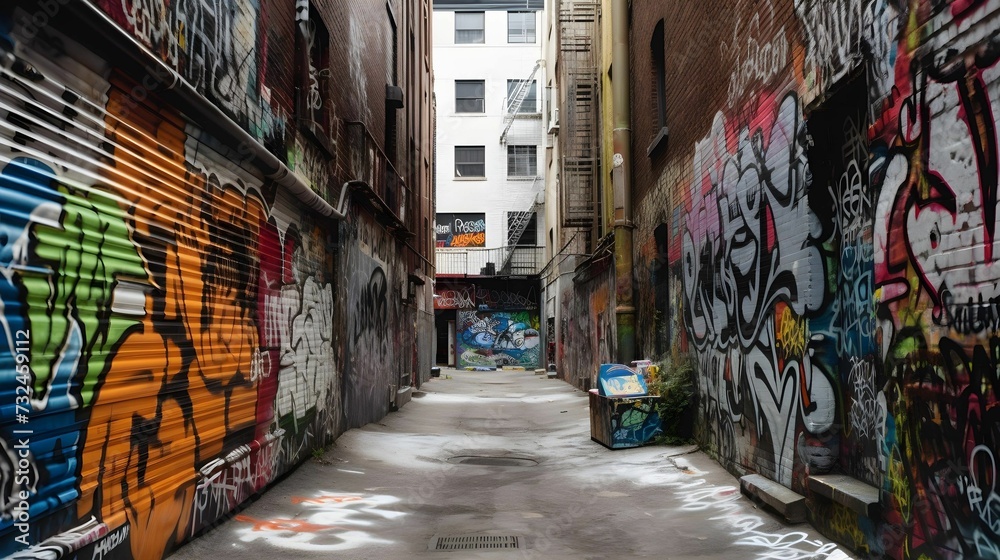 Fototapeta premium AI-generated illustration of a vibrant urban alleyway covered in graffiti