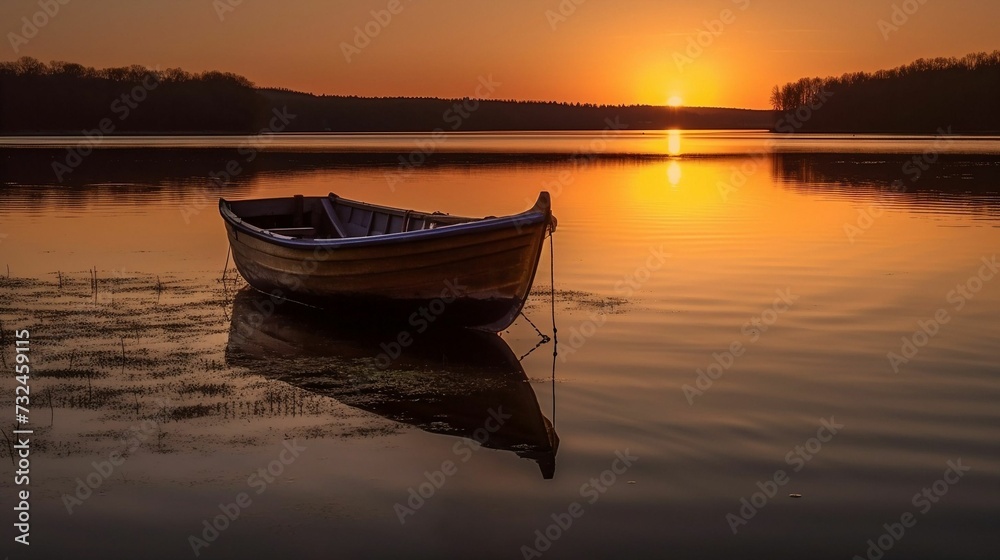 AI generated illustration of a small wooden boat moored in tranquil waters at sunset