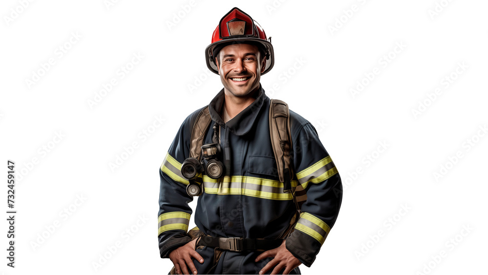 Fototapeta premium Happy firefighter officer cut out. Smiling fire fighter on transparent background