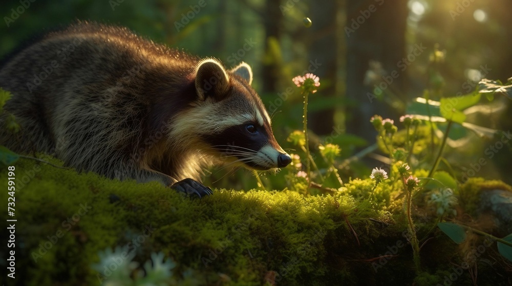AI generated illustration of an adorable raccoon foraging for food in a ...