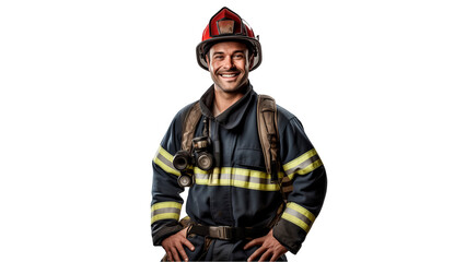 Happy firefighter officer cut out. Smiling fire fighter on transparent background