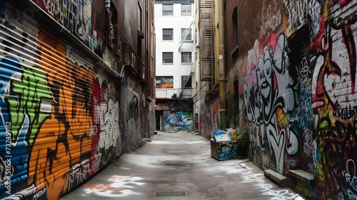 AI-generated illustration of a vibrant urban alleyway covered in graffiti