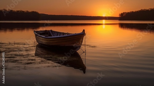 AI generated illustration of a small wooden boat moored in tranquil waters at sunset