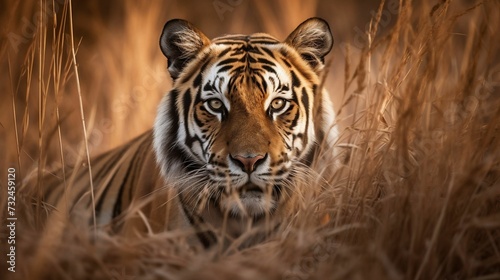 AI generated illustration of a Bengal tiger walking among tall grass