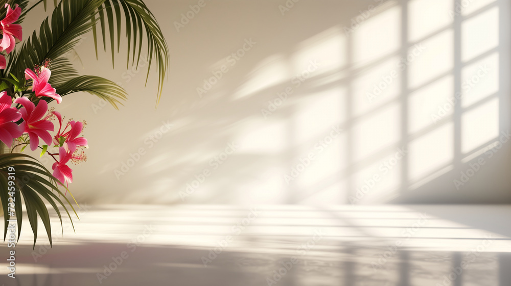 Empty room with shadows of window and flowers and palm leaves for product presentation Empty room with shadows of window and flowers and palm leaves for product presentation