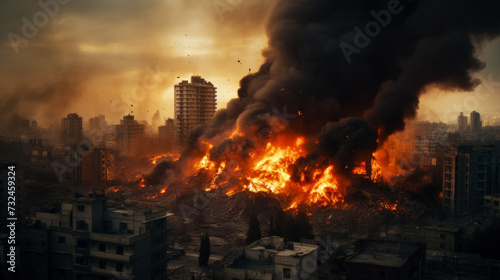 Dramatic urban landscape engulfed in fierce flames and thick smoke