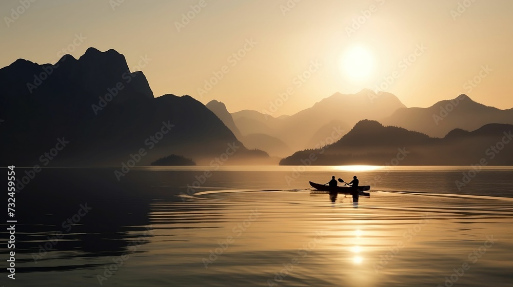 AI generated illustration of people rowing down a river at the setting of the sun, in a small boat