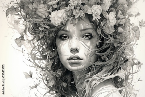 AI generated illustration of a portrait sketch of a woman with flowers in her hair in grayscale