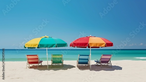 AI generated illustration of two beach chairs and umbrellas on a bright sunny day at the beach photo