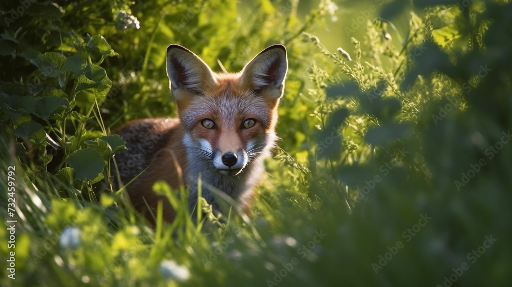 Obraz premium AI generated illustration of a solitary red fox walking among bushes