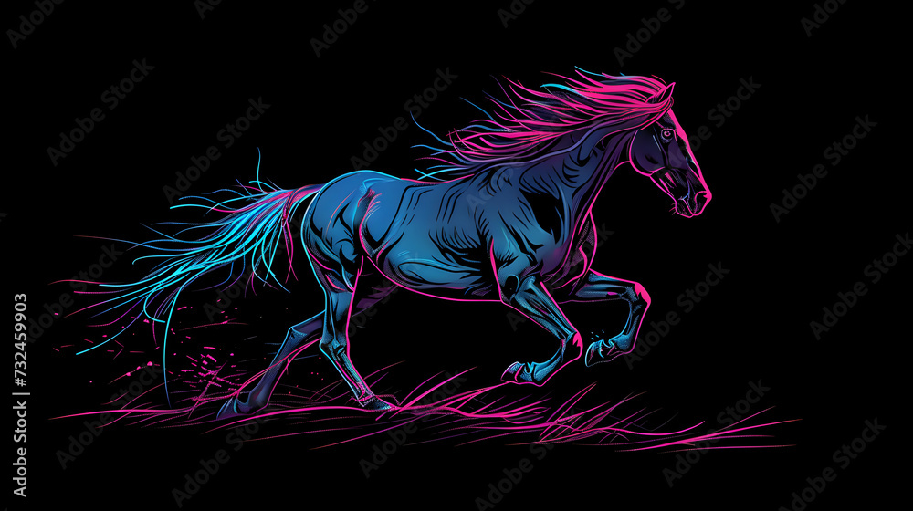 Neon outlines of a majestic horse galloping through a meadow isotated on black background. Created with generative AI.