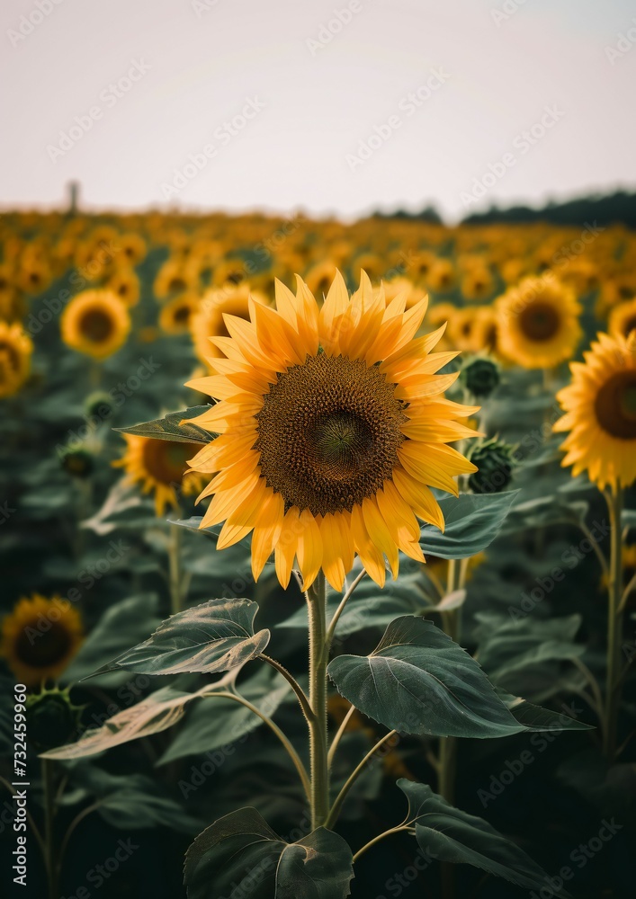 AI generated illustration of a vibrant yellow sunflower stands out in a field of similar blooms