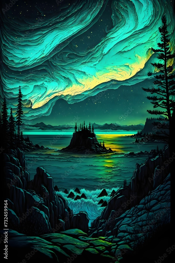 AI generated illustration of an Island under the northern lights