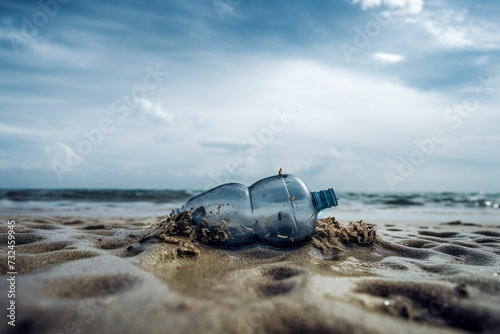 AI generated illustration of a glass bottle on the beach near the shimmering, crystal-clear ocean