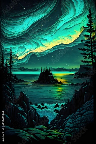 AI generated illustration of an Island under the northern lights