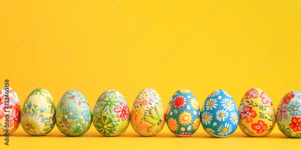 Colorful painted Easter eggs lined up on a yellow background with copy space, Easter concept.
Colorful painted Easter eggs lined up on a yellow background with copy space, Easter concept.