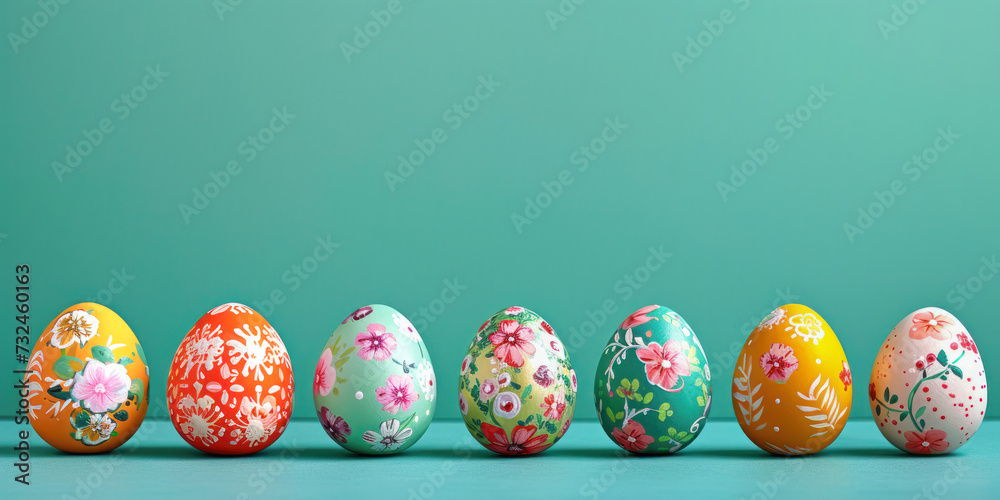 Colorful painted Easter eggs lined up on a blue pastel background with copy space, Easter concept. Colorful painted Easter eggs lined up on a blue pastel background with copy space, Easter concept.