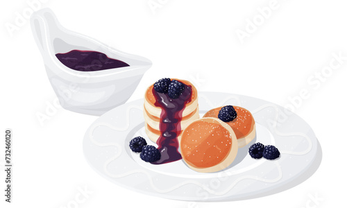 Cheese pancakes or cheesecakes or souffle pancakes served on a plate with fresh blackberries and jam. Food for breakfast. Flat vector