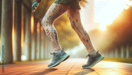 Runner's legs in fun, green gear, skipping in a park. Playful patterns on runner's gear blend fun with eco awareness. photo