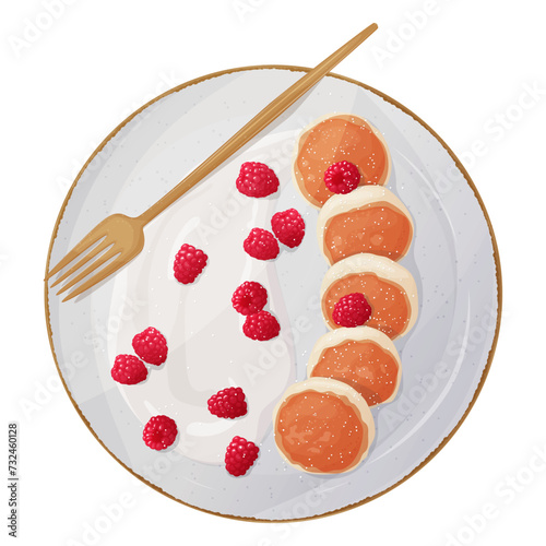 Cottage pancakes or cheesecakes or souffle pancakes are served on a plate with fresh raspberries and sour cream. Food for breakfast. Flat vector