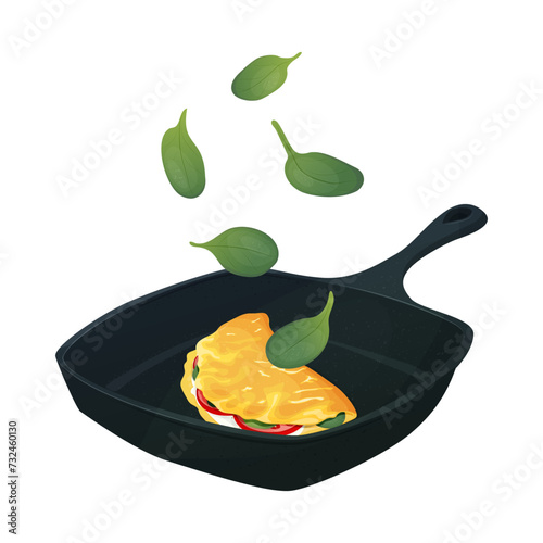 Vector illustration of an omelette with tomato slices and spinach in a pan.